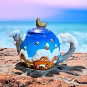 Kurt Adler Vintage Snow Covered‎ House Starry Night Tea Pot 6” Blue